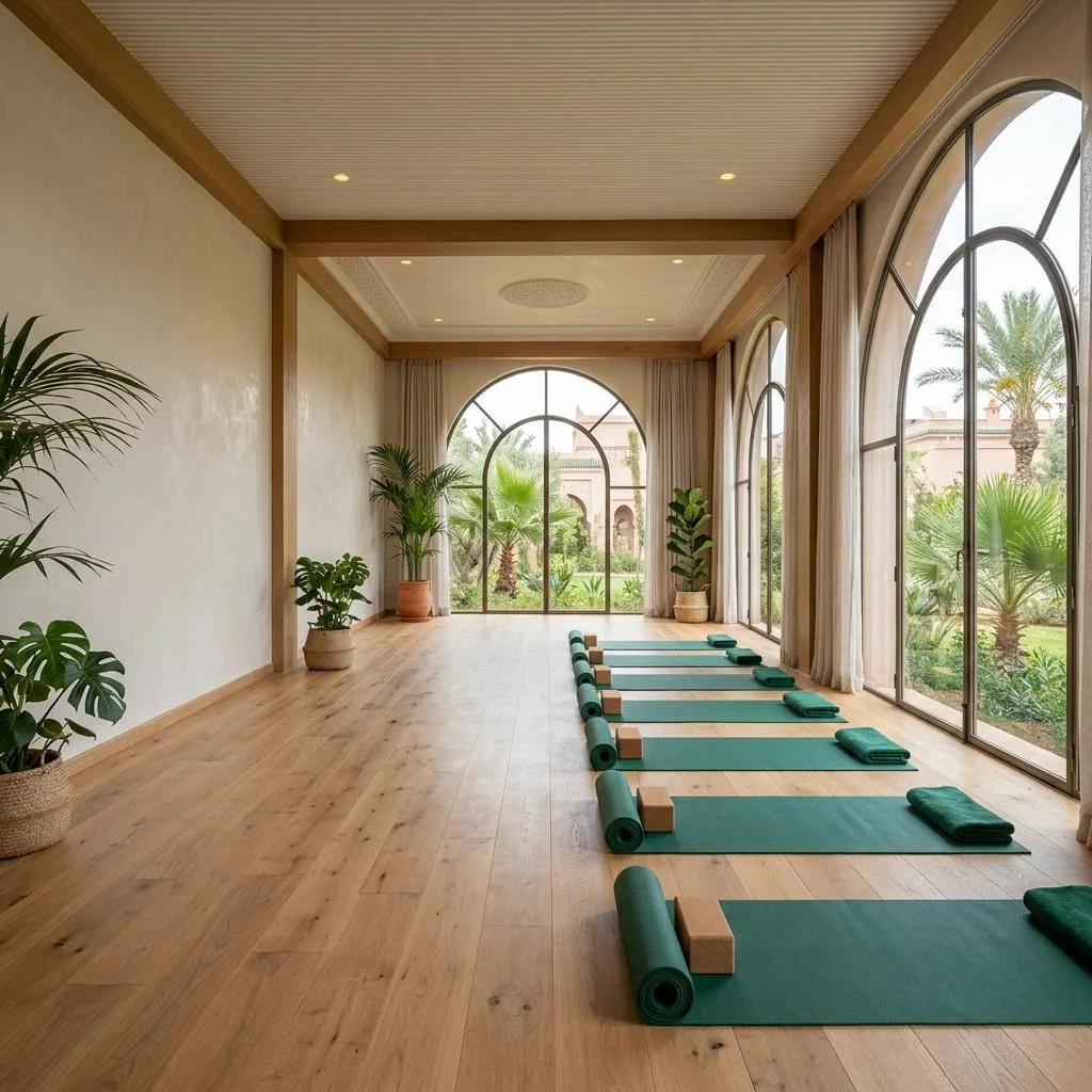 Salle de yoga lumineuse avec tapis alignés avant un cours